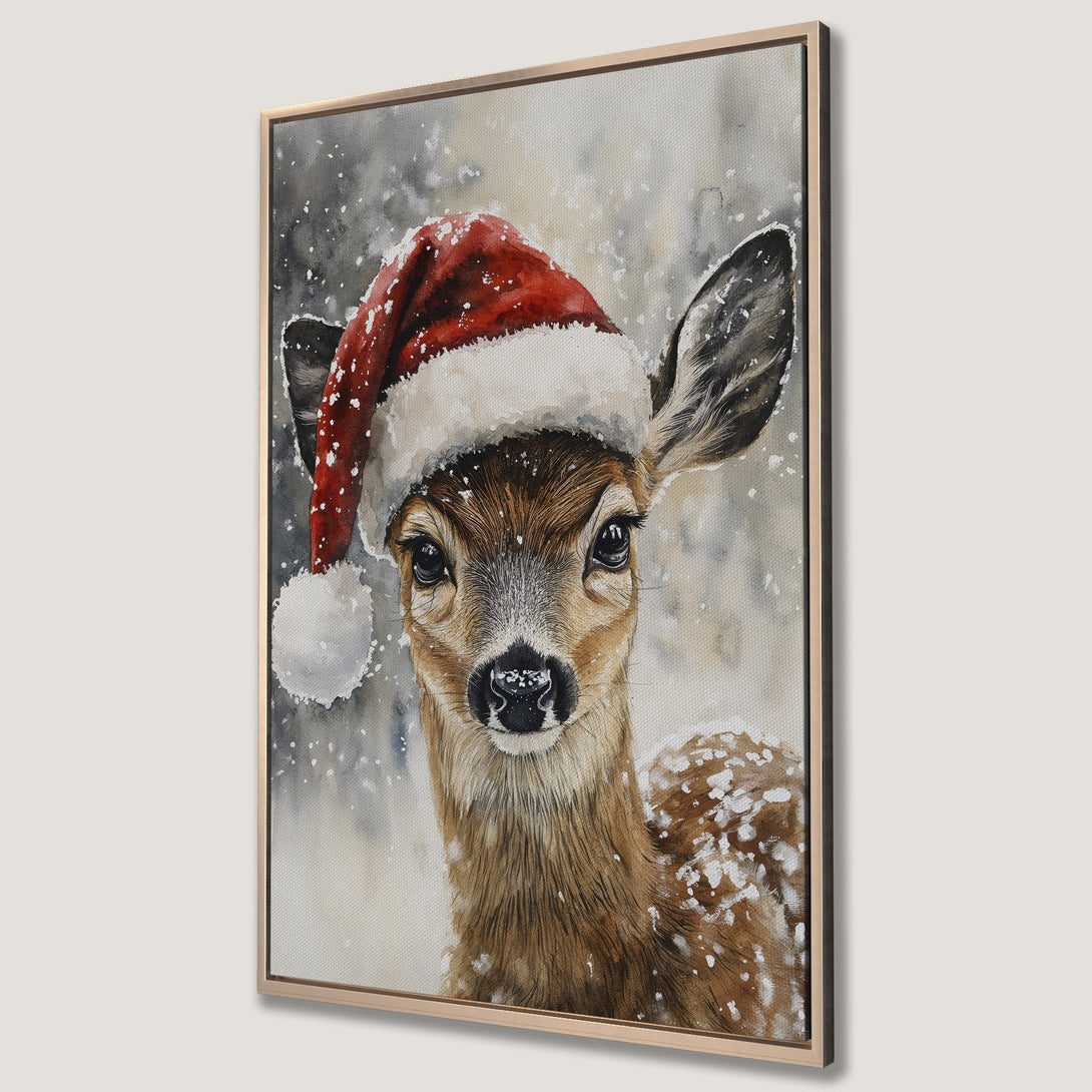 Framed Wall Art: Watercolor deer in a Santa hat, winter scene. Warm browns, red, and cool gray tones. Perfect holiday home decor.