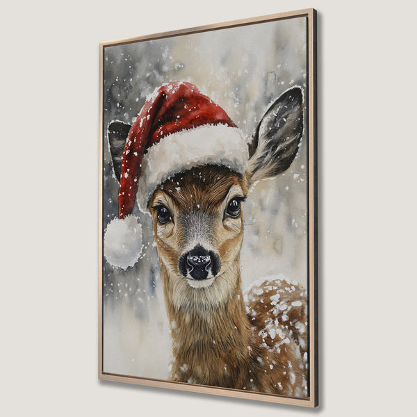 Framed Wall Art: Watercolor deer in a Santa hat, winter scene. Warm browns, red, and cool gray tones. Perfect holiday home decor.