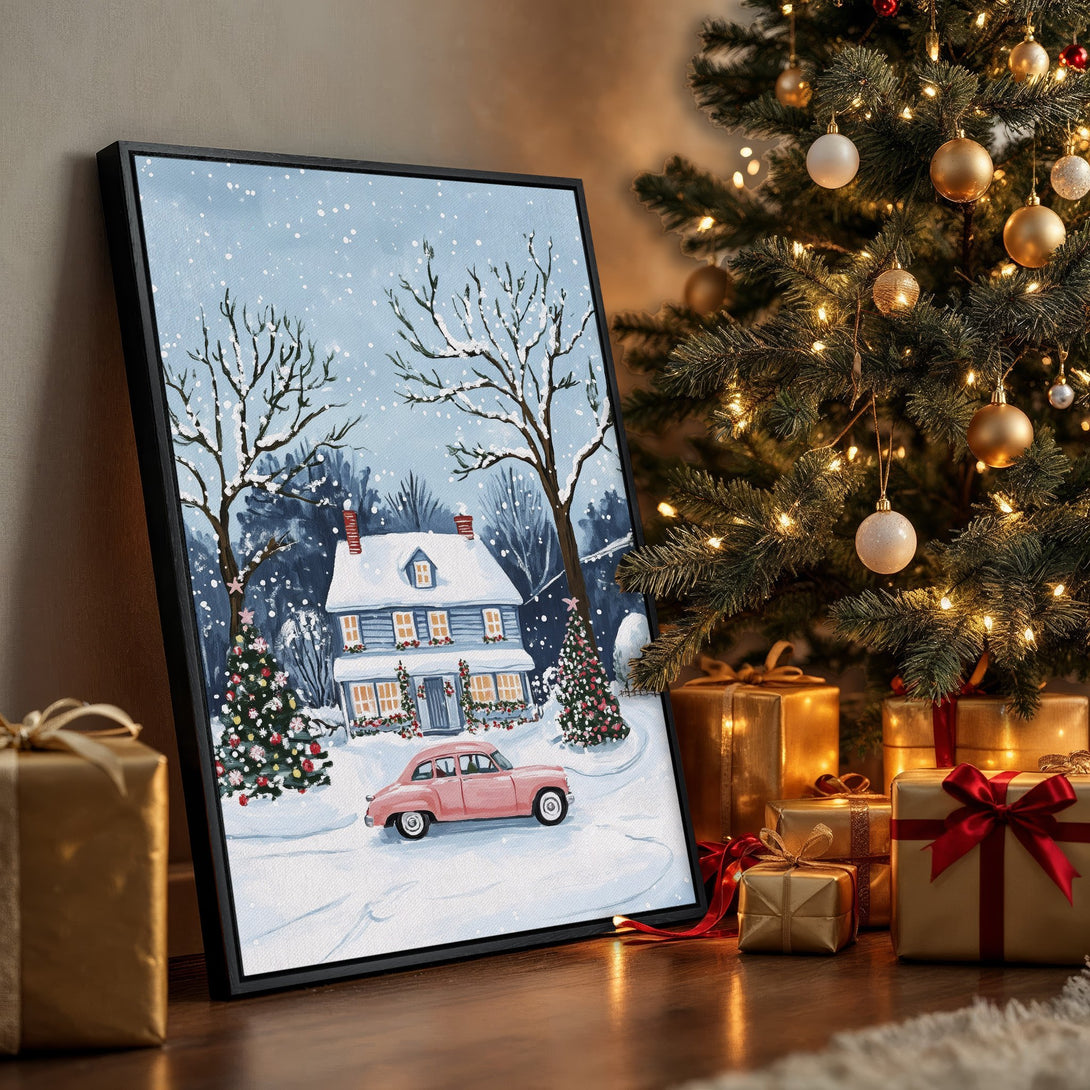 Framed Wall Art: Winter scene with a house and car in a snowy landscape. Cozy, painterly style with a blue and white color palette, perfect for holiday decor.