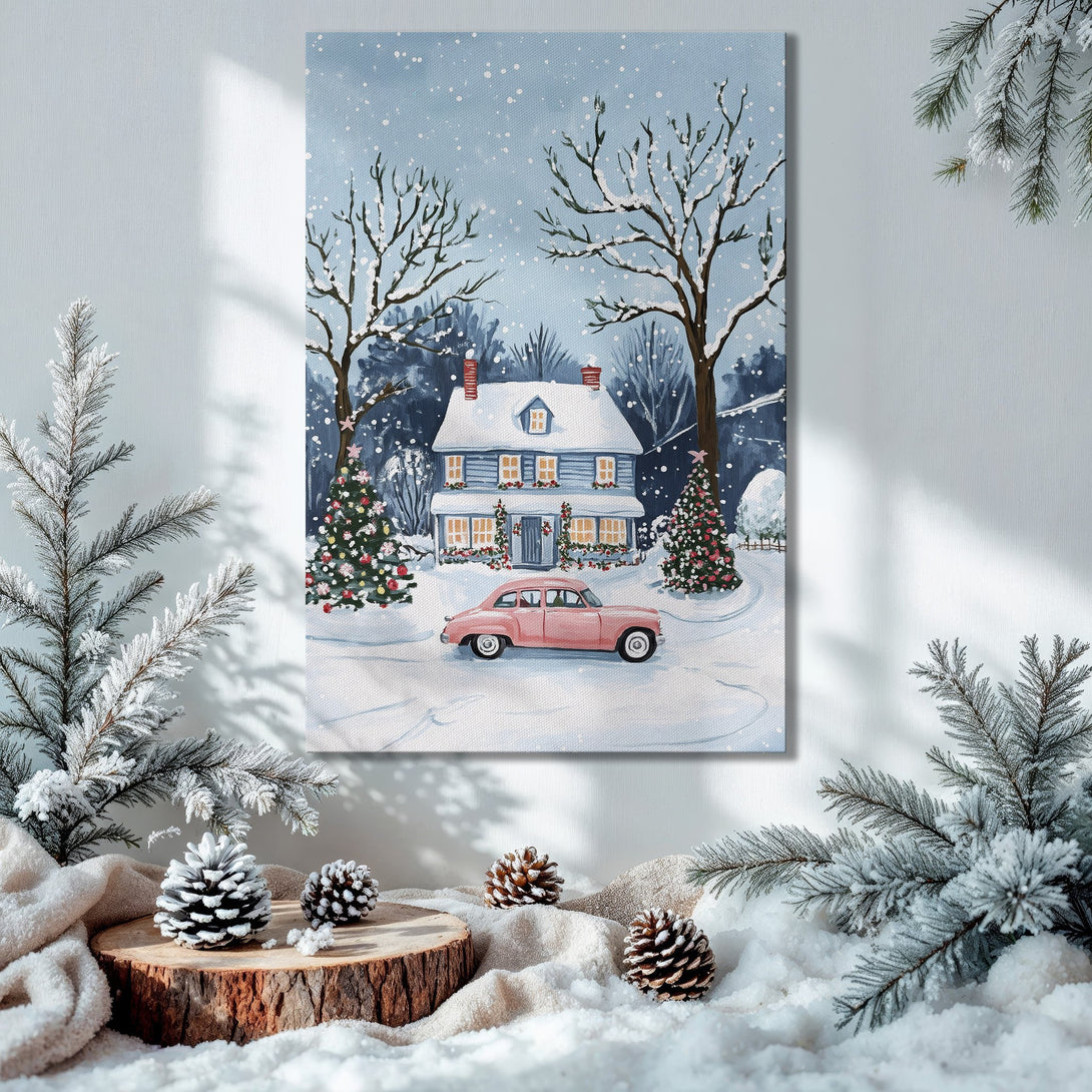 Framed Wall Art: Winter scene Canvas Print with a blue house, pink car, and snowy landscape. Festive holiday decor with warm colors.