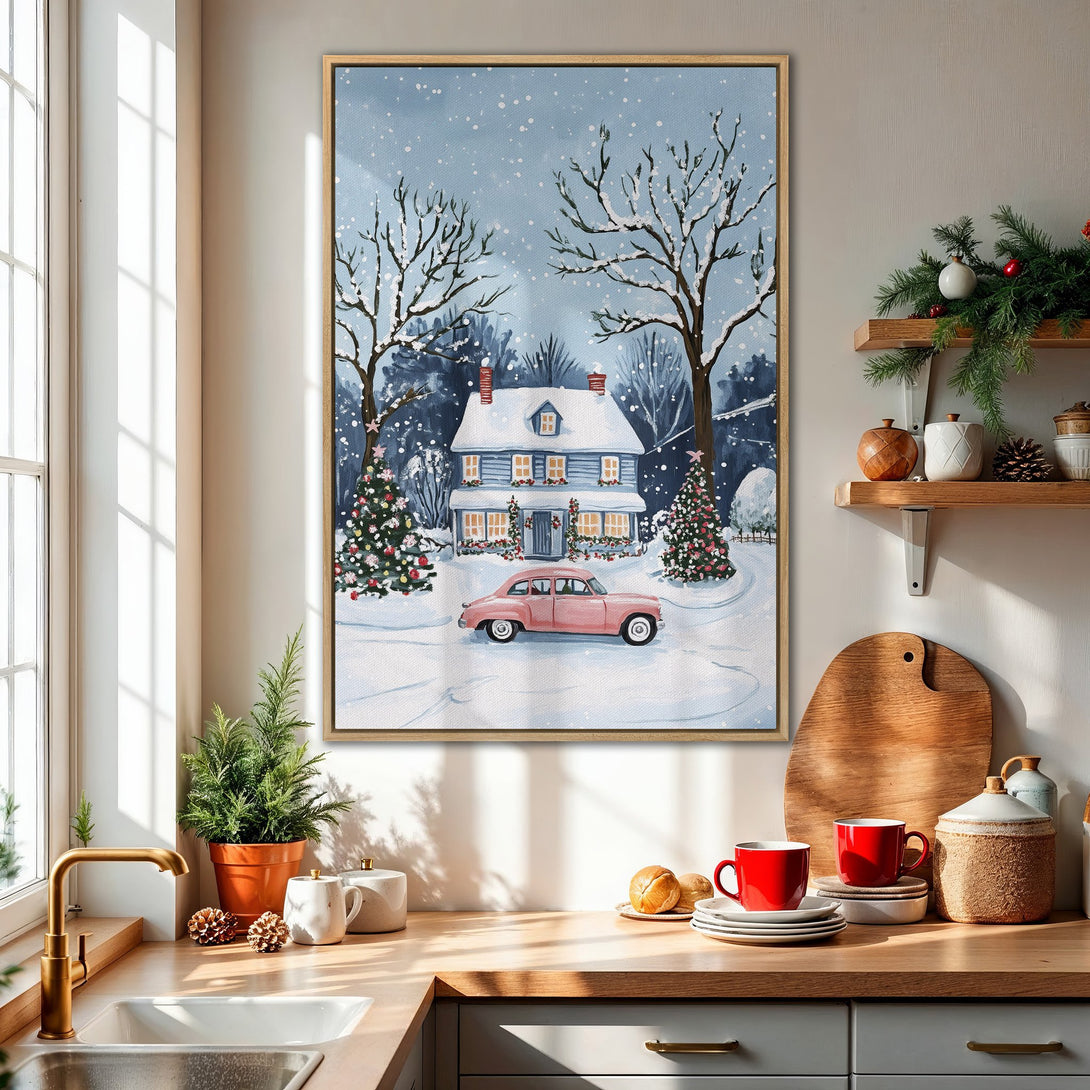 Framed Wall Art: Winter scene Canvas Print with a charming blue house, pink car, and snowy trees in a cozy, pastel color palette. Perfect for holiday decor.