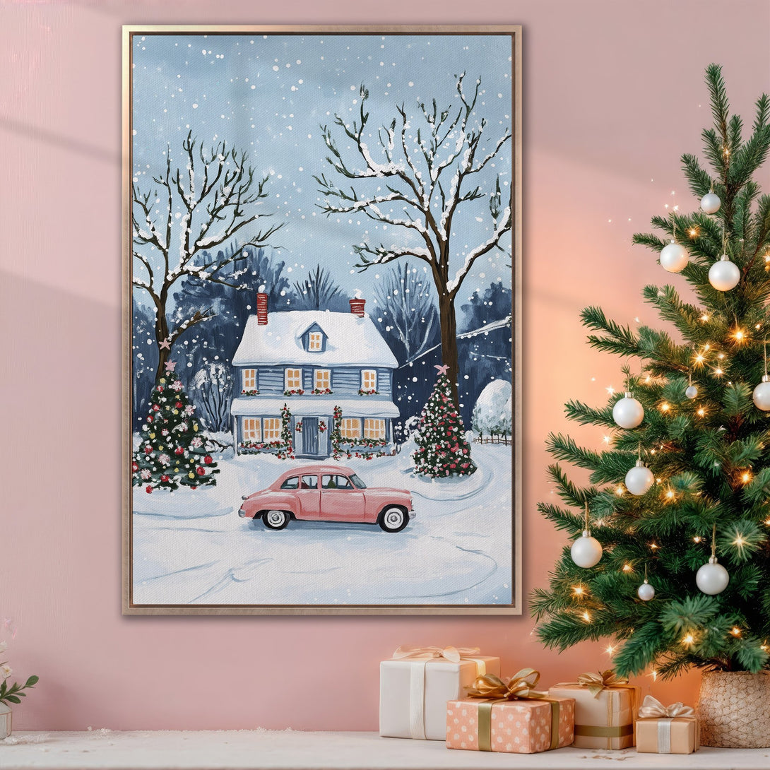 Framed Wall Art: Winter scene canvas print with a charming house, pink car, and snowy trees. Features a cool blue and pink color palette. Perfect holiday decor!