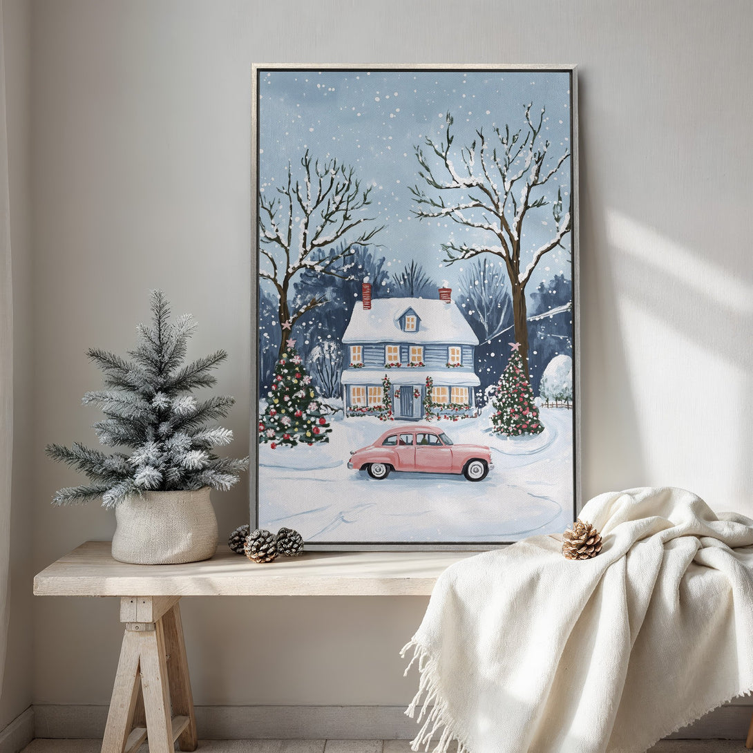 Framed Wall Art: Winter scene Canvas Print of a cozy house with a pink car. Blue and white palette with touches of pink and green. Perfect holiday decor.