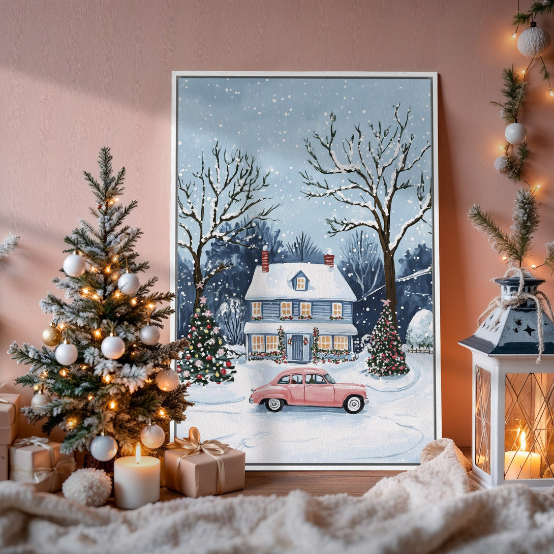 Framed Wall Art: Winter scene with a house and pink car. Cozy, vintage style with blue, white, and pink color palette. Perfect holiday decor.