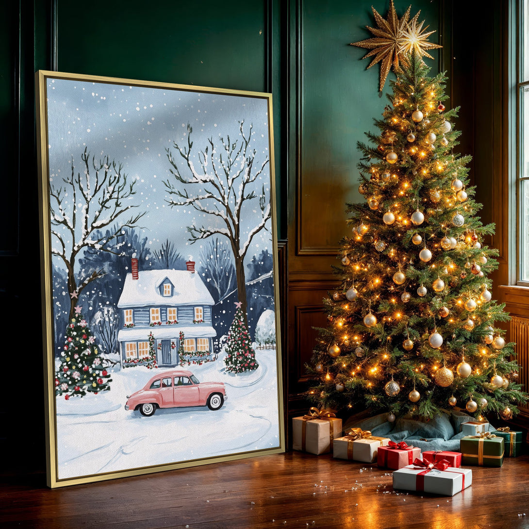Canvas Print of a winter scene with a house & pink car. Watercolor style, blue & white palette. Perfect for holiday decor!