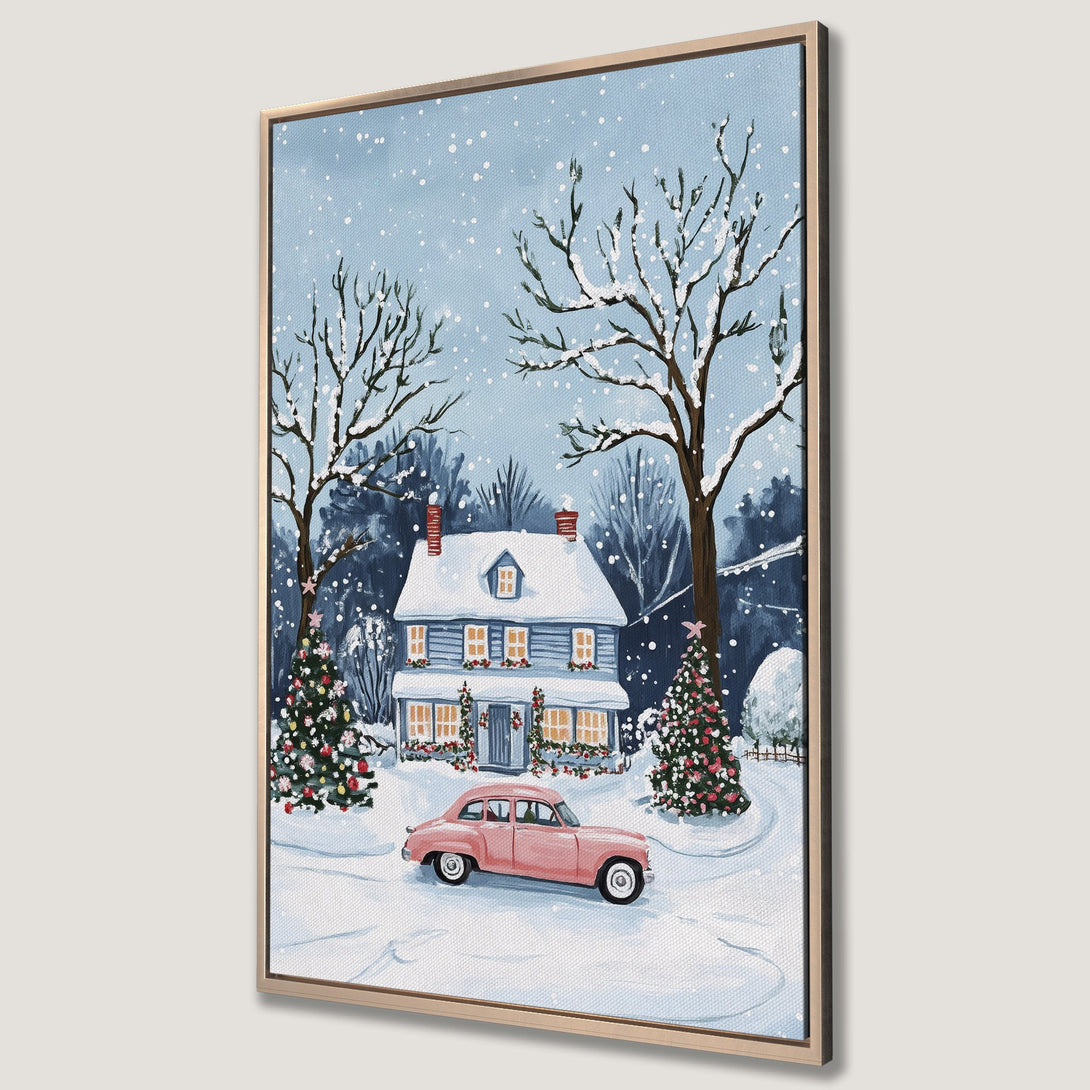 Framed Wall Art Canvas Print of a winter scene with a charming house, pink car, and snowy trees. Soft blue and pink color palette, perfect for holiday decor.