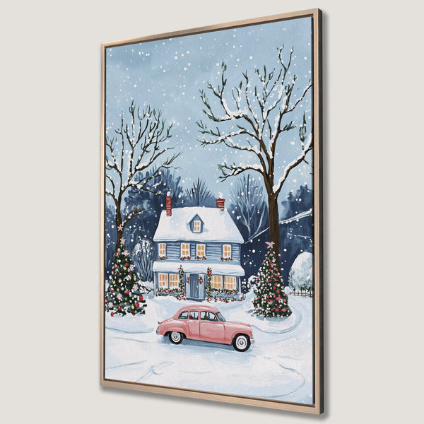 Framed Wall Art Canvas Print of a winter scene with a charming house, pink car, and snowy trees. Soft blue and pink color palette, perfect for holiday decor.