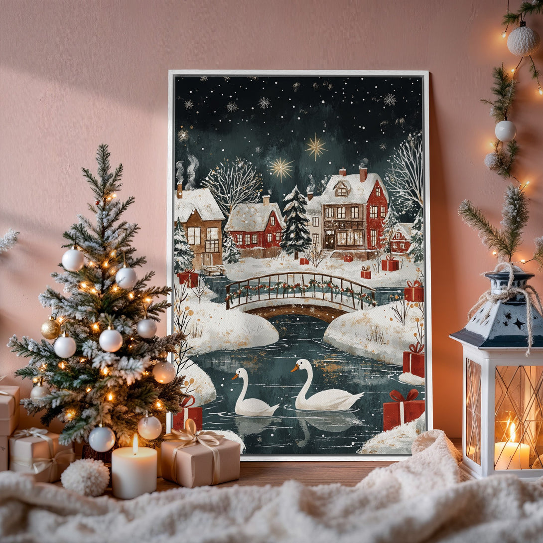 Framed Wall Art: Winter village scene in a cozy setting. Featuring a snowy landscape, swans, and a warm color palette. Perfect for holiday decor!