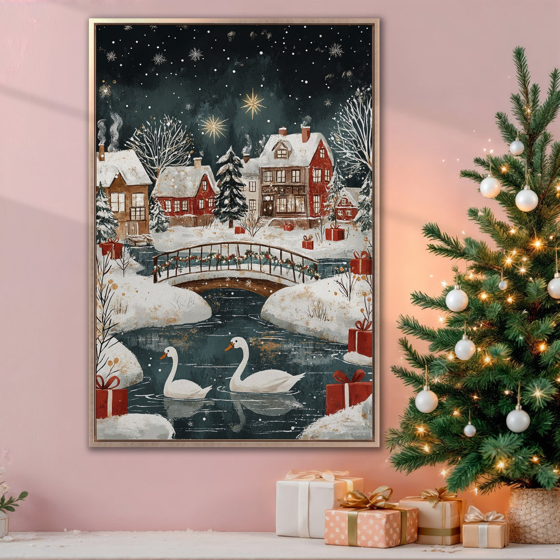 Framed Wall Art: Winter village scene with swans, red houses, and snow. Warm, inviting colors. Perfect holiday decor. Shop now!