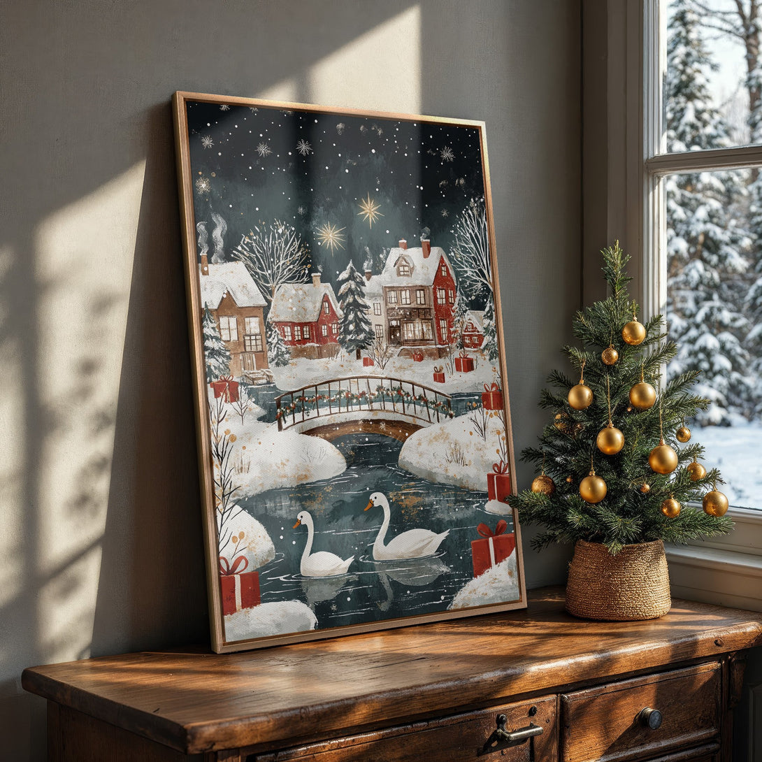 Framed Wall Art: Winter village scene with swans. Watercolor style, featuring red, white, and blue hues. Perfect for holiday decor!