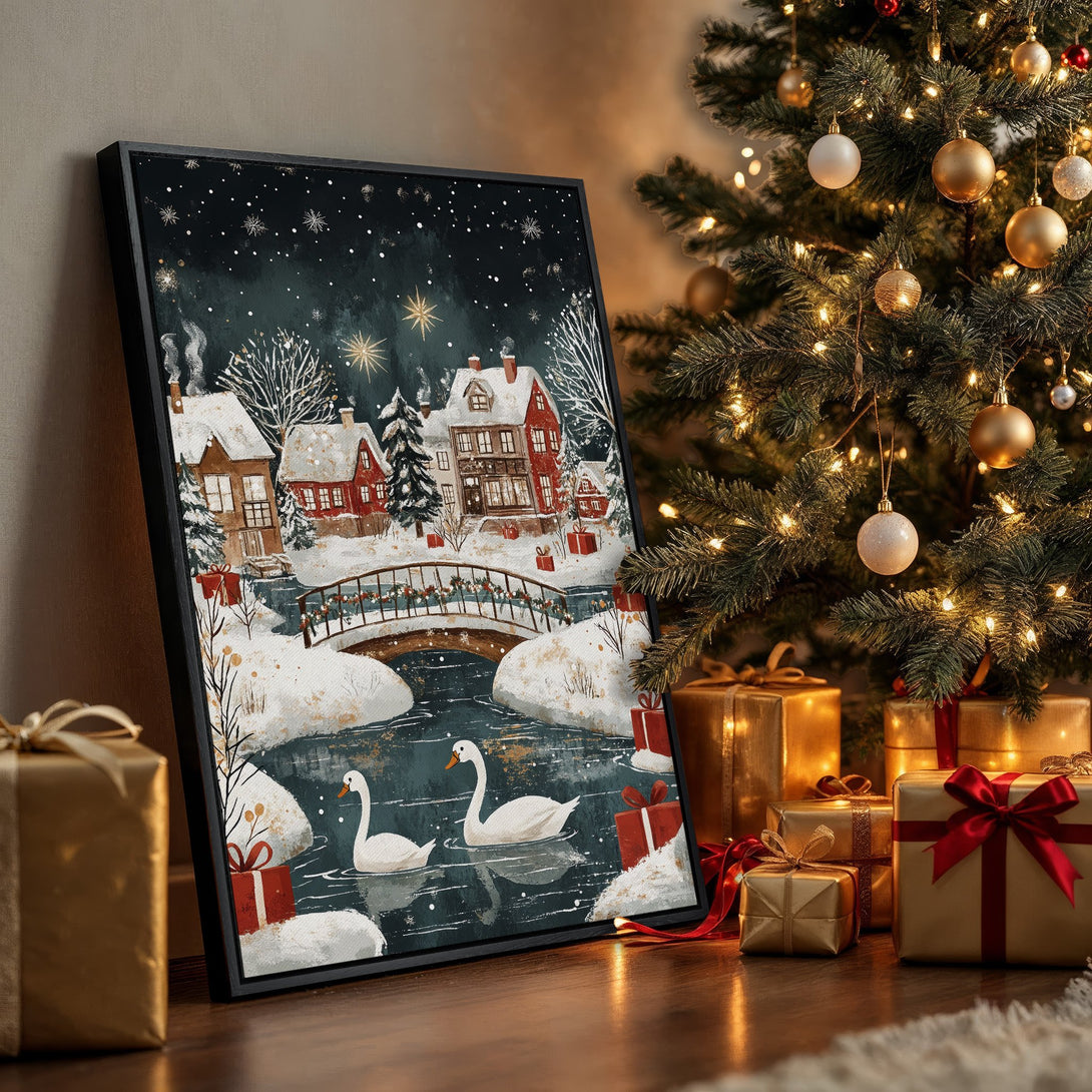Framed Wall Art: Winter village scene in a cozy interior. Artwork features a snowy landscape with red houses, swans, and a dark blue/green palette. Perfect holiday decor.