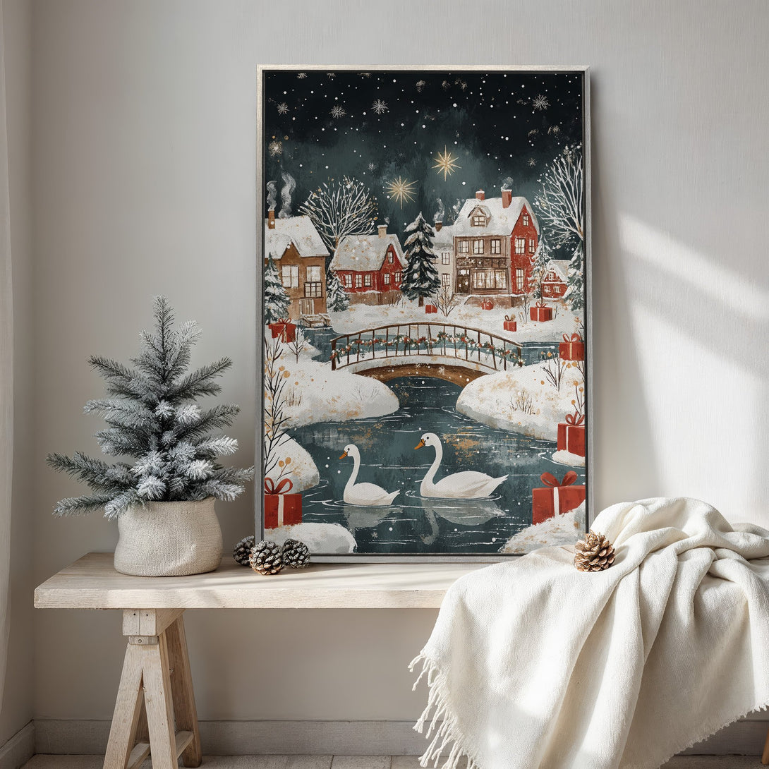 Framed Wall Art: Winter village scene with swans, cozy style, teal, red, and white color palette. Perfect for holiday decor!