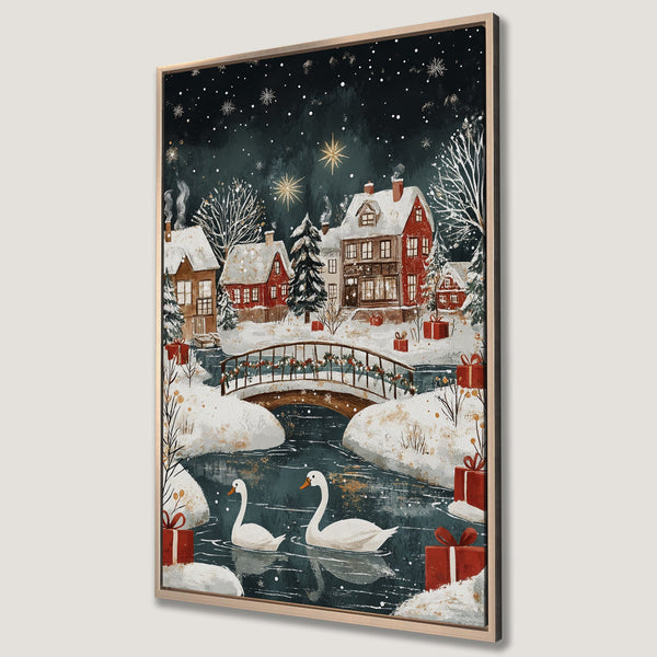 Framed Wall Art: Winter village scene with swans, bridge, and red accents. Cozy watercolor style in a dark teal, white, and red color palette. Perfect holiday decor.