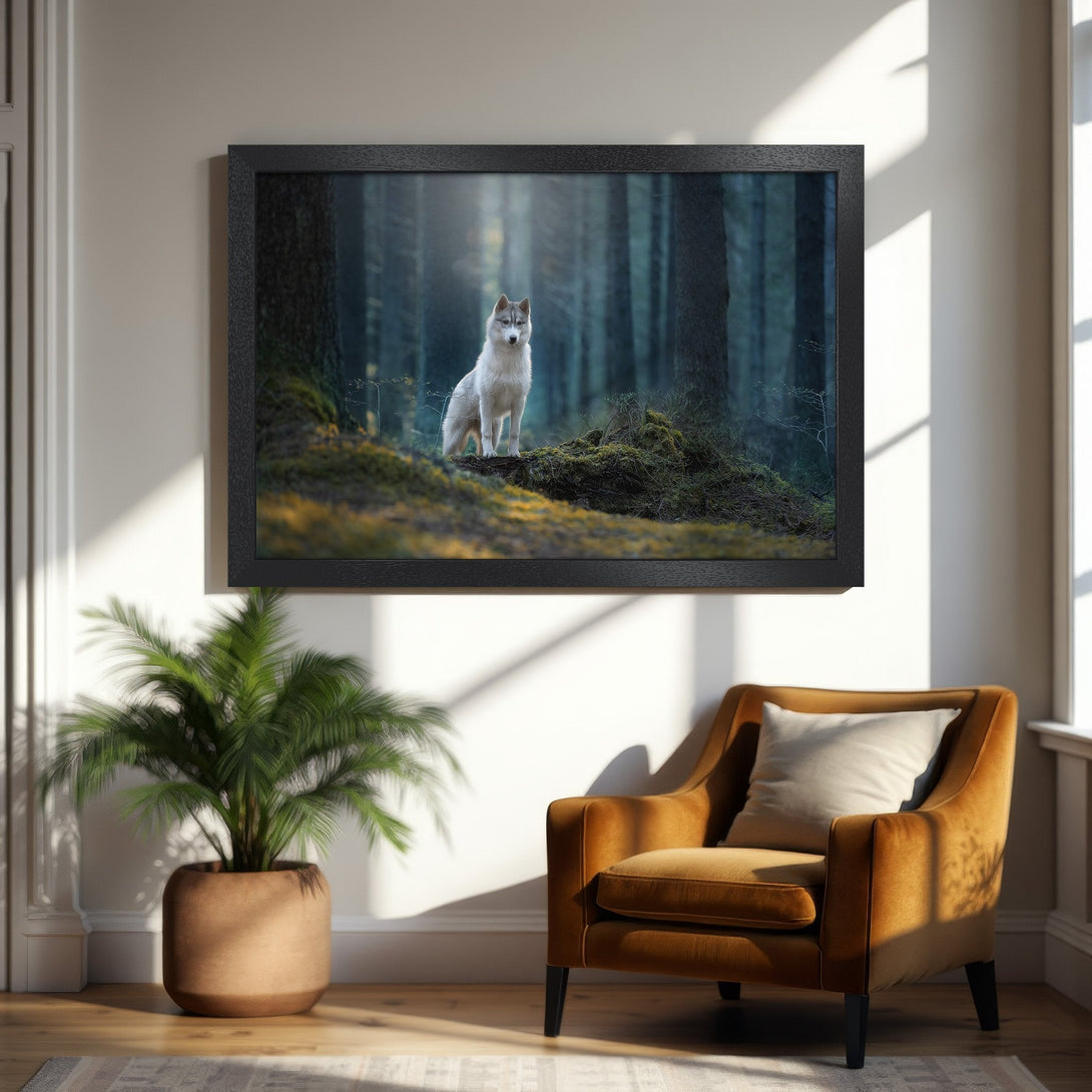 Framed Poster featuring a majestic wolf in a forest, with a moody, nature-inspired style and a cool blue and green palette.