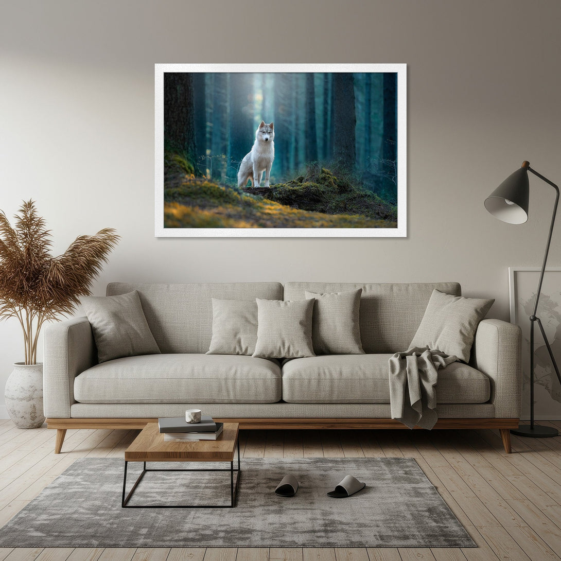 Framed Poster featuring a majestic wolf in a serene forest. Nature-inspired art with a teal and gold color palette. Perfect wall decor!