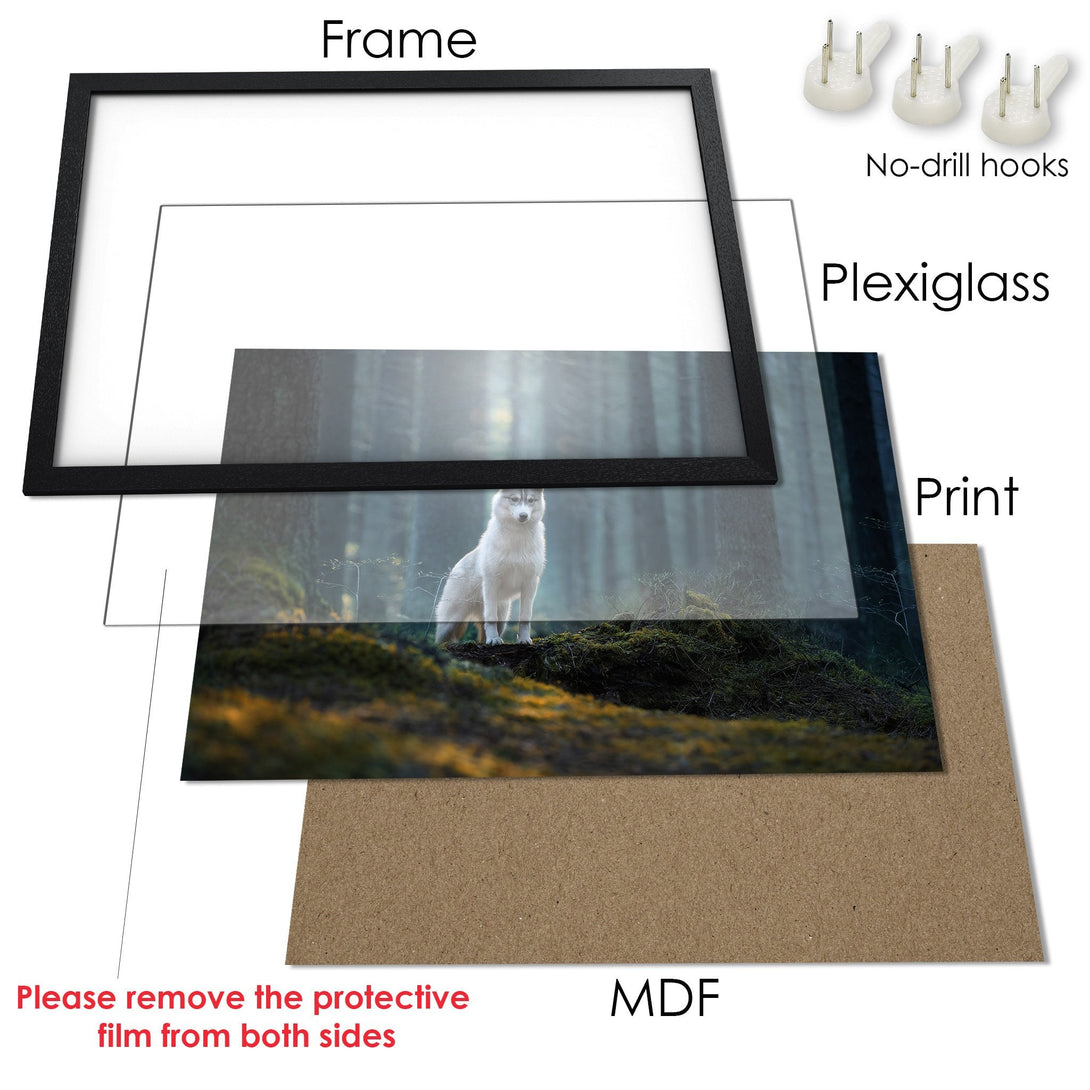 Framed Poster featuring a majestic wolf in a misty forest. Nature-inspired art with a serene, cool color palette. Perfect wall decor!