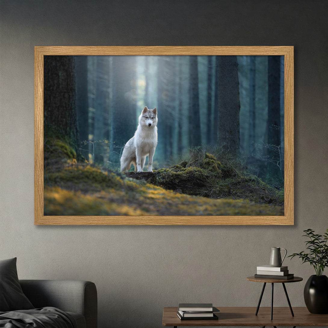 Framed Poster featuring a majestic wolf in a serene forest. Earthy tones and a touch of sunlight create a captivating, nature-inspired artwork.