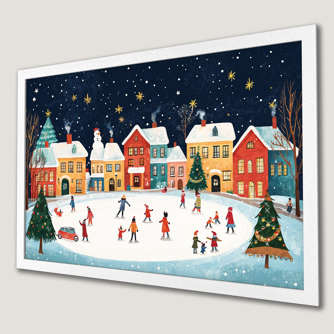 Framed Poster of a winter village scene with people ice skating. Whimsical style, vibrant colors, and a cozy, festive feel. Perfect holiday decor!