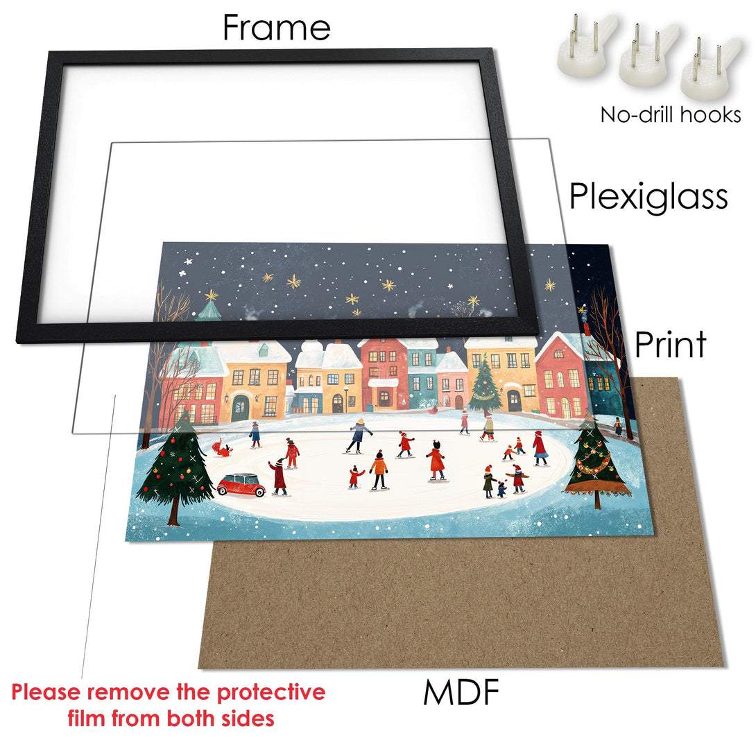 Framed Poster featuring a winter village scene, illustrated style, with a blue, red, and yellow color palette. Perfect holiday decor!