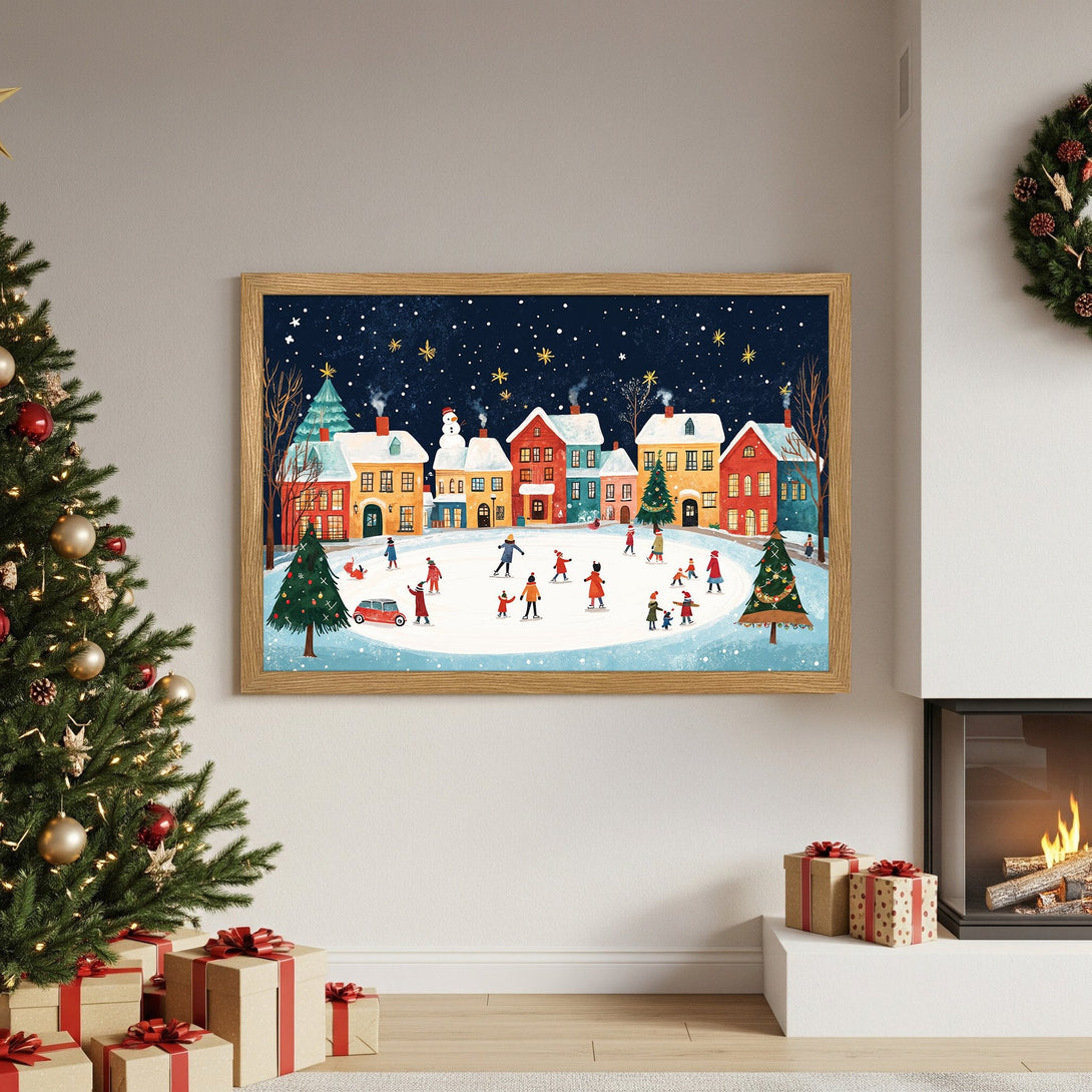Framed Poster featuring a charming winter scene with skaters, colorful houses, and a starry night sky. Festive art in a warm color palette.