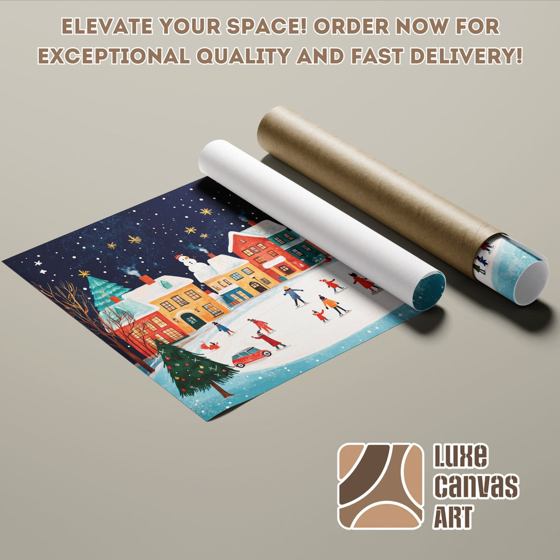 Poster Roll featuring a winter village scene, whimsical style, with blue, orange, and white hues.