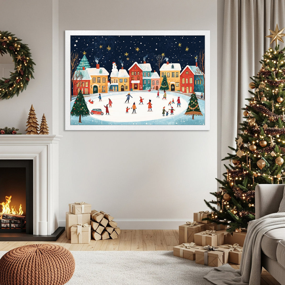 Framed Poster of a whimsical winter village scene in a colorful, illustrative style. Perfect holiday decor!