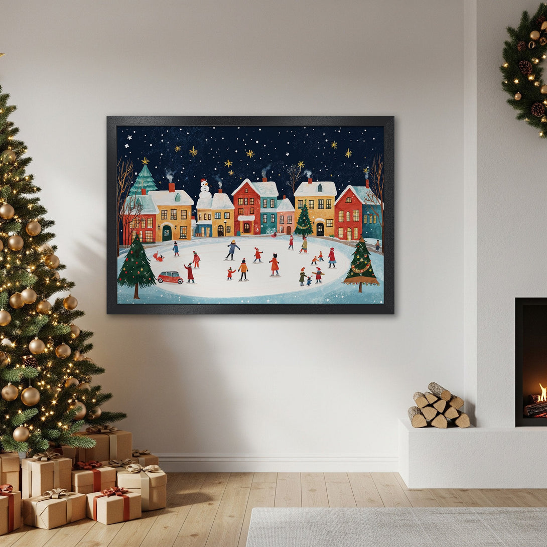 Framed Poster featuring a whimsical winter village scene with skaters. Warm, inviting colors and a cozy, illustrative style perfect for holiday decor.