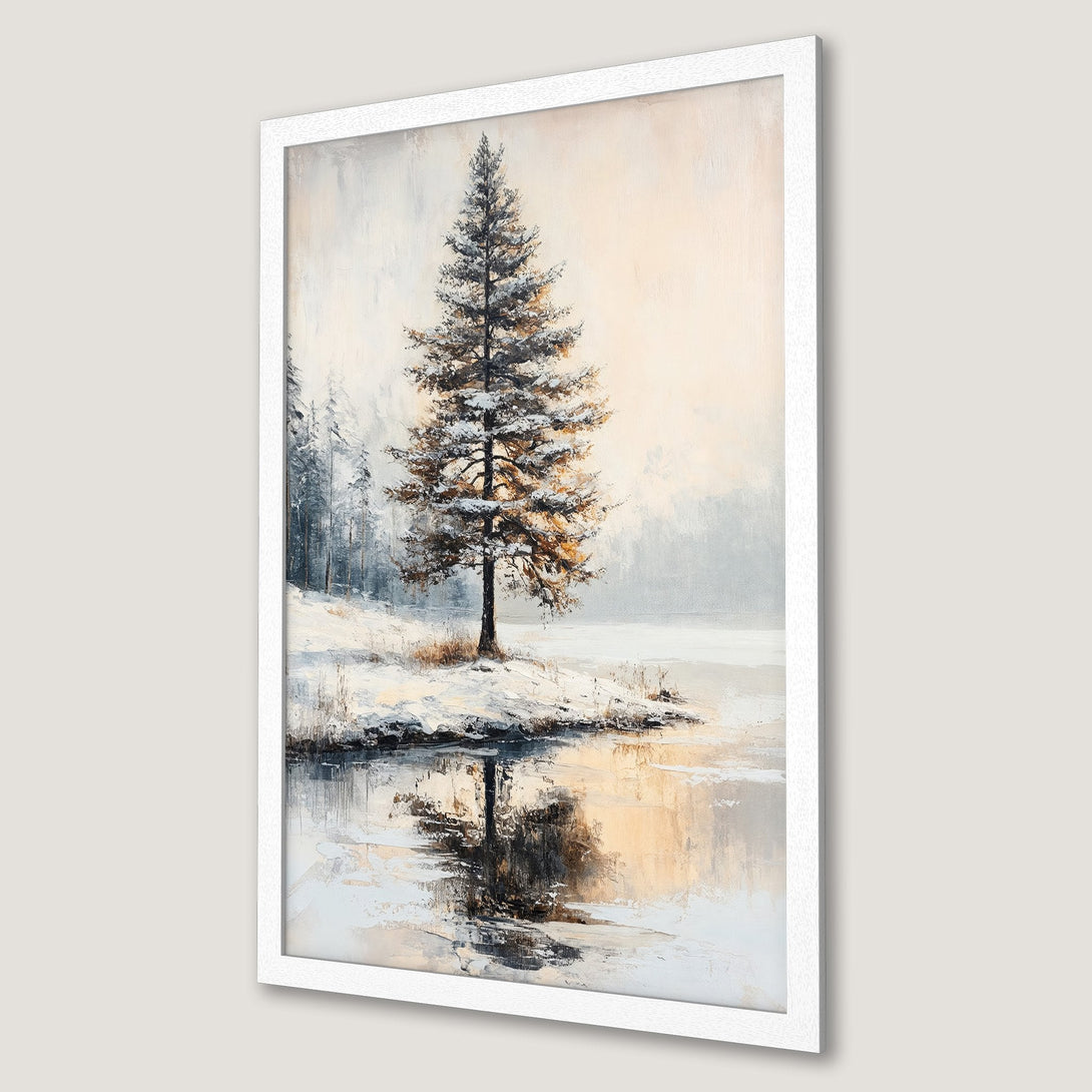 Framed Poster of a winter landscape with a snow-covered tree. Impressionistic style, neutral color palette with warm golden tones. Perfect wall art.