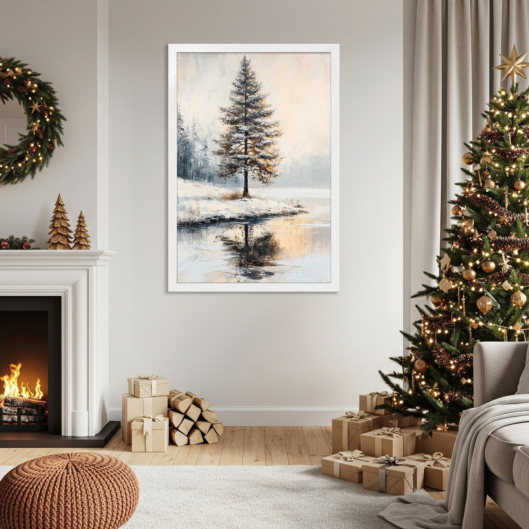 Framed Poster of winter landscape art in neutral tones. Perfect Christmas decor.