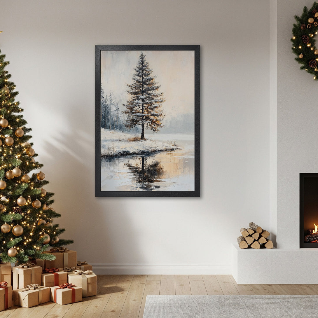 Framed Poster featuring a winter landscape painting in a neutral color palette, perfect for cozy home decor.