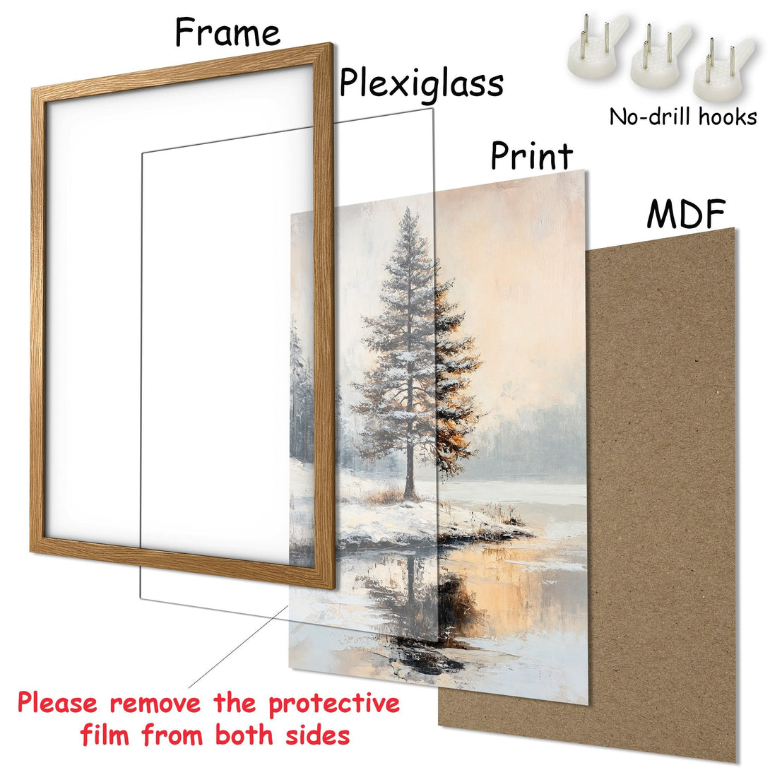 Framed Poster of a winter landscape painting. Neutral color palette with trees and water. Ready to hang art for your home.