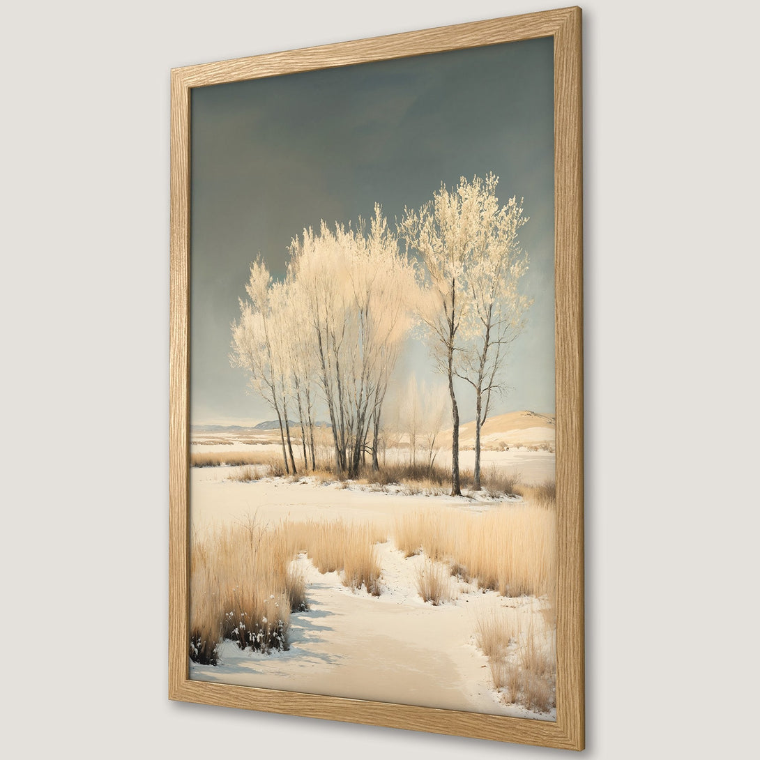 Framed Poster of a winter landscape with trees. Soft, muted colors create a serene, vintage aesthetic. Perfect wall art for any space.