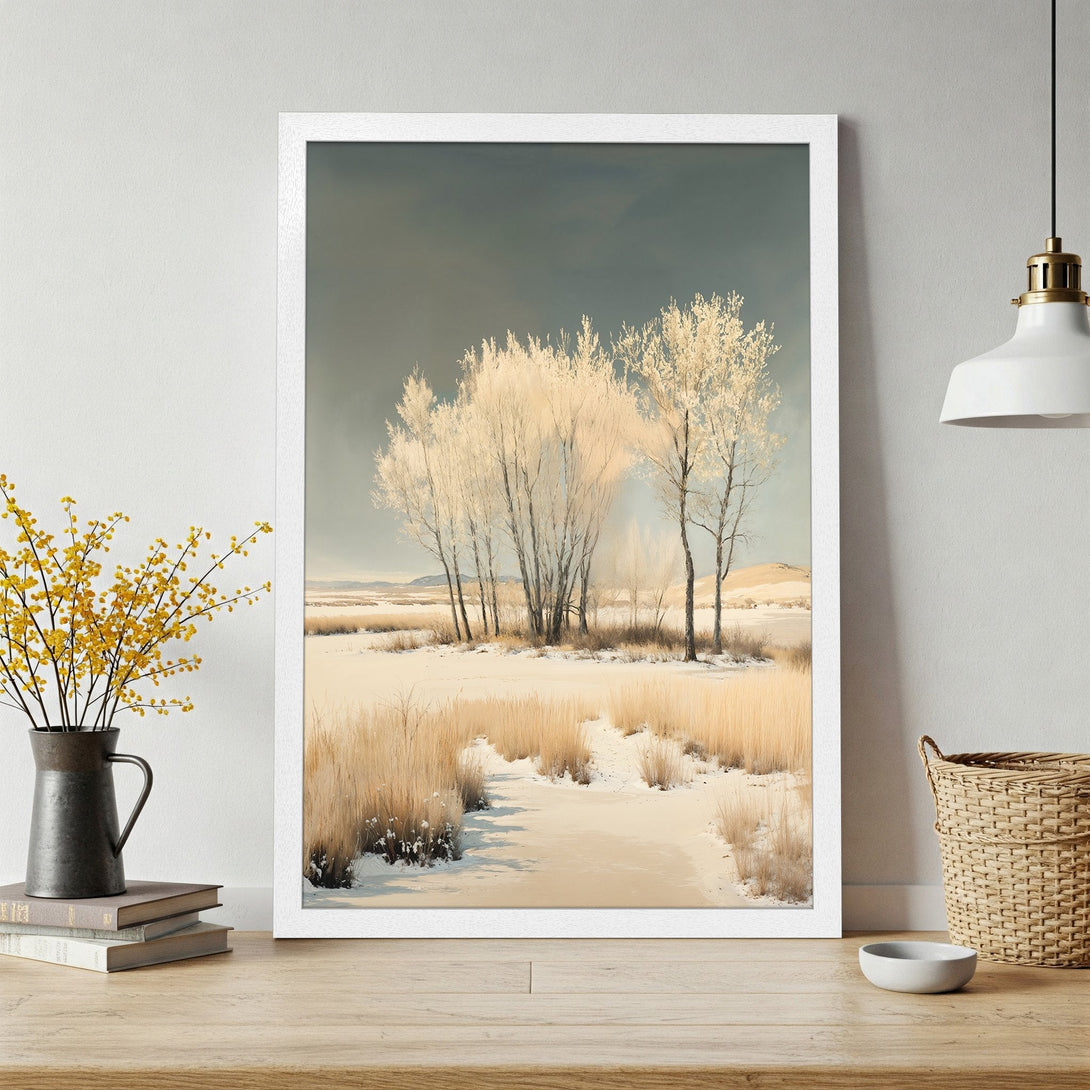 Framed Poster featuring a serene winter landscape with muted tones. Perfect wall art to bring a touch of nature indoors.