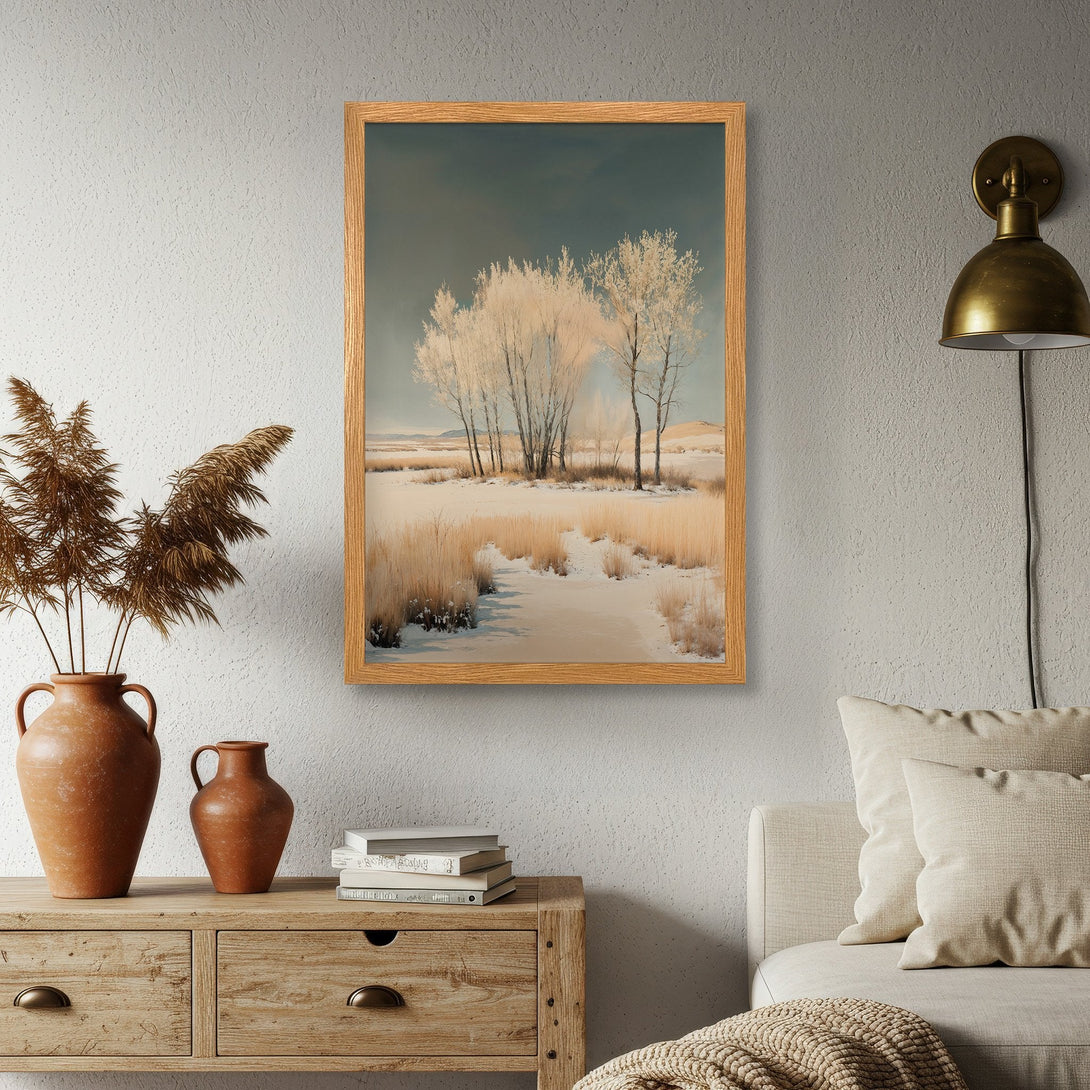 Framed Poster of winter landscape art, featuring trees and snow in a neutral color palette. Perfect wall decor!