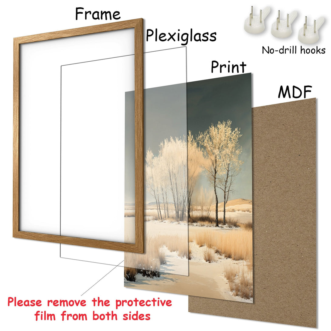 Framed Poster of a serene winter landscape. Soft, muted colors and a natural wood frame. Perfect wall art for any room!
