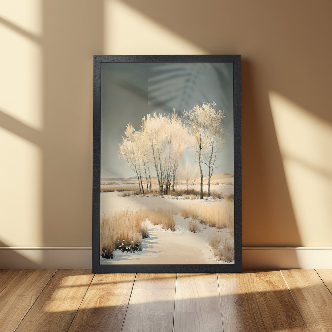 Framed Poster featuring a winter landscape with a muted color palette. Perfect wall art for a serene and stylish home.