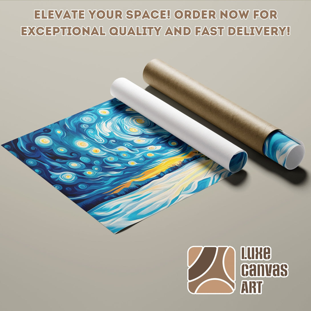 Poster Roll featuring a vibrant, abstract starry night painting in blue and yellow hues. Order yours today!