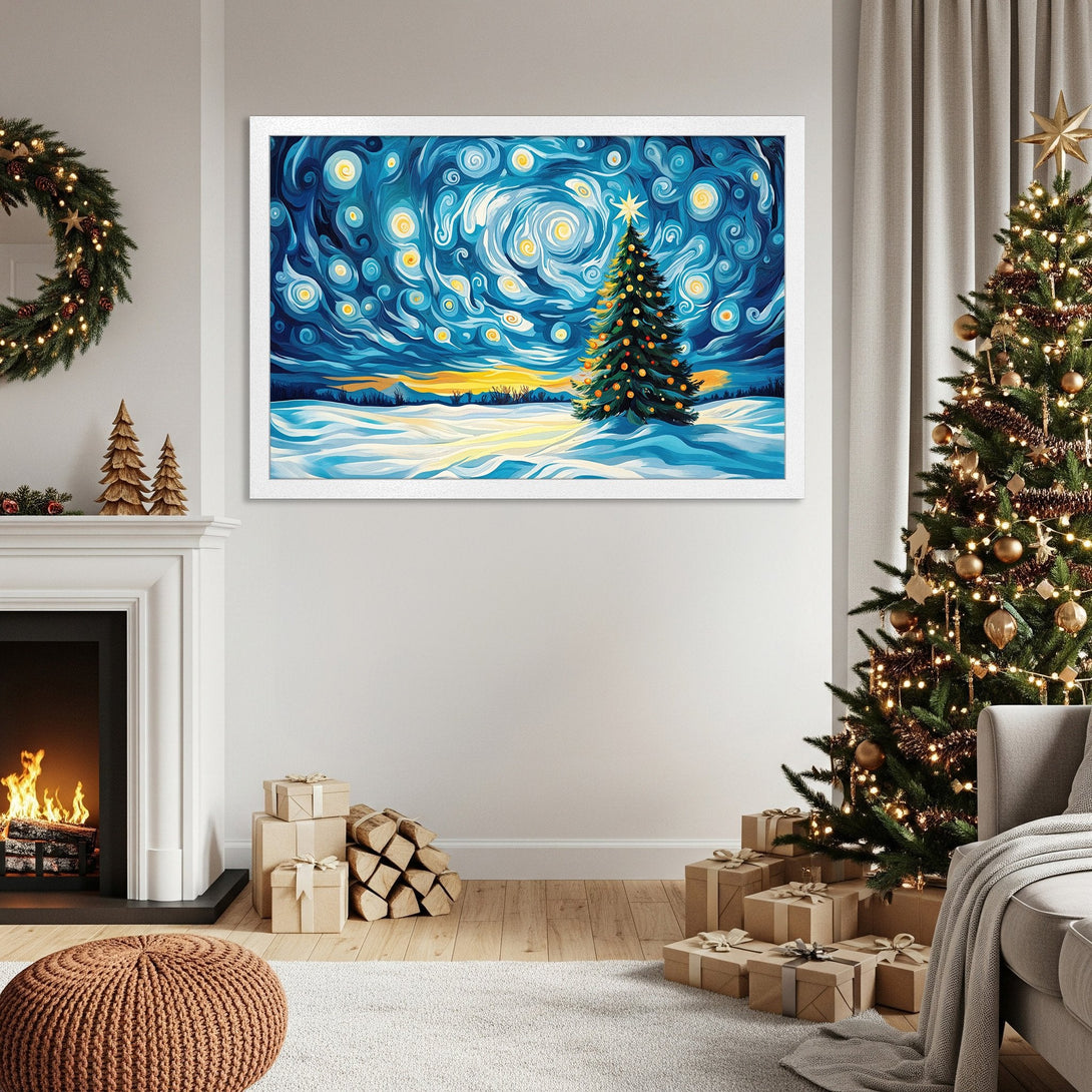 Framed Poster featuring a winter Christmas tree scene in a Van Gogh style. Blue, yellow, and white color palette. Perfect holiday decor.