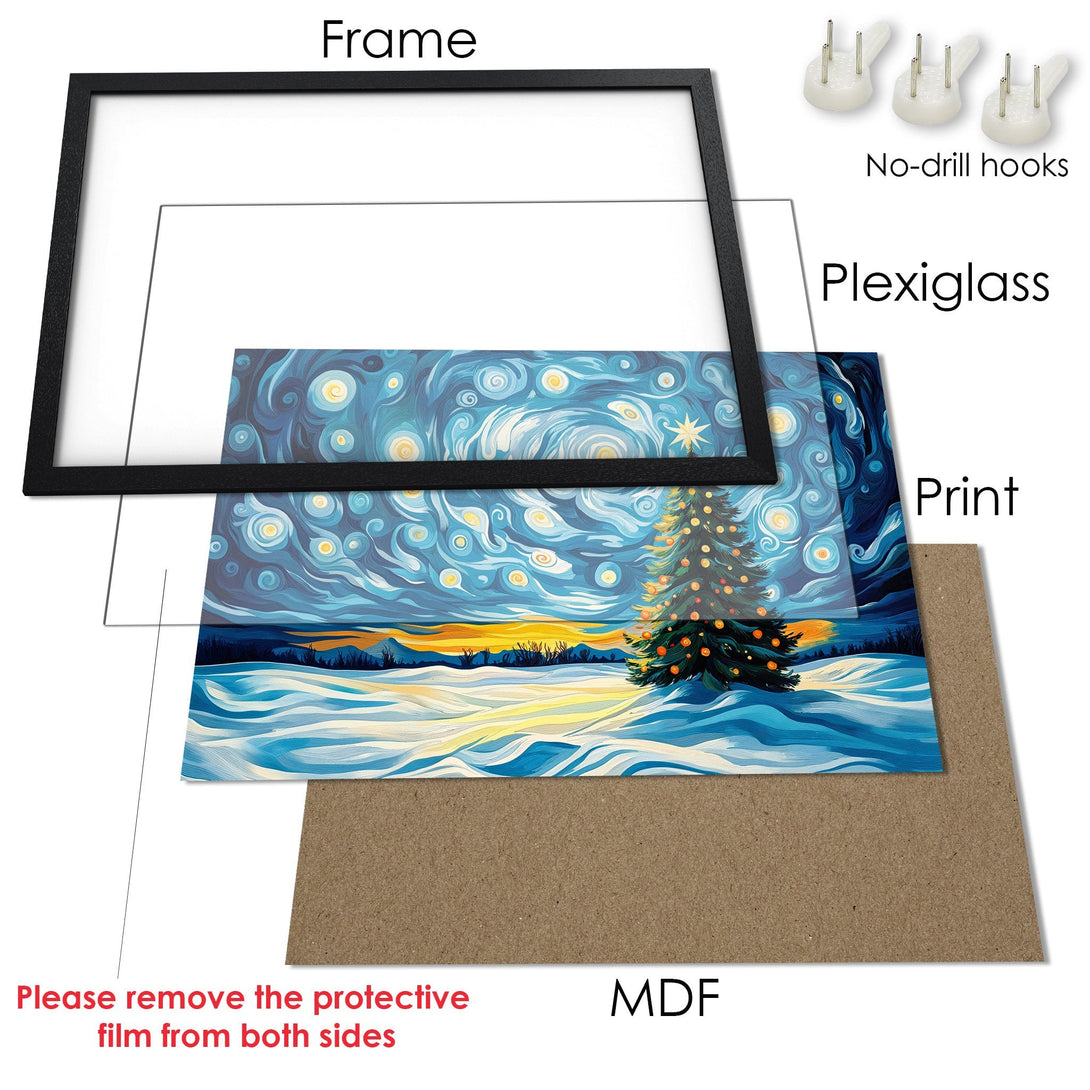Framed Poster featuring a winter landscape with a Christmas tree, in a Van Gogh style with blue and yellow hues.