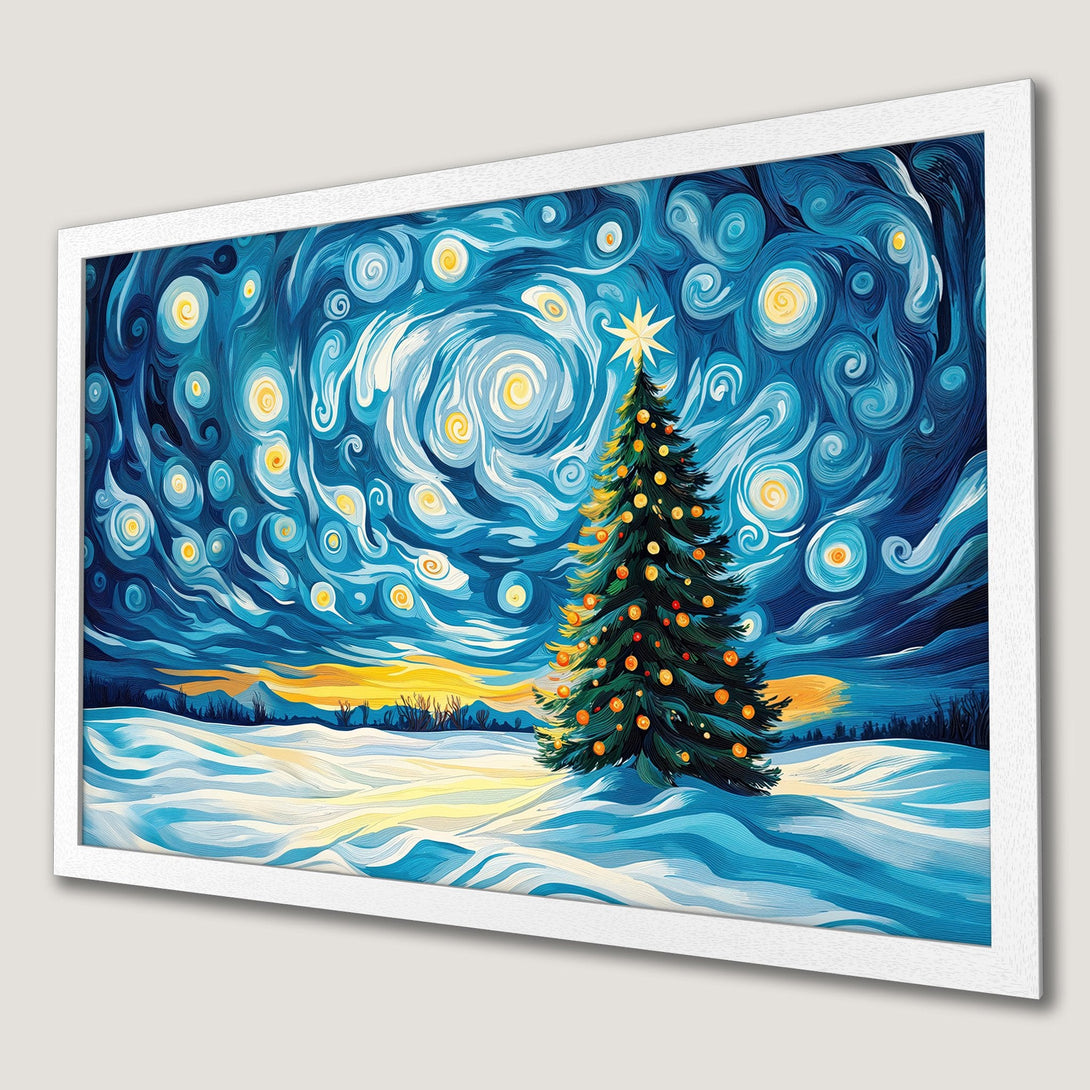 Framed Poster featuring a Christmas tree under a starry sky, Van Gogh style, blue and yellow color palette. Perfect holiday decor!