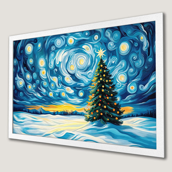Framed Poster featuring a Christmas tree under a starry sky, Van Gogh style, blue and yellow color palette. Perfect holiday decor!