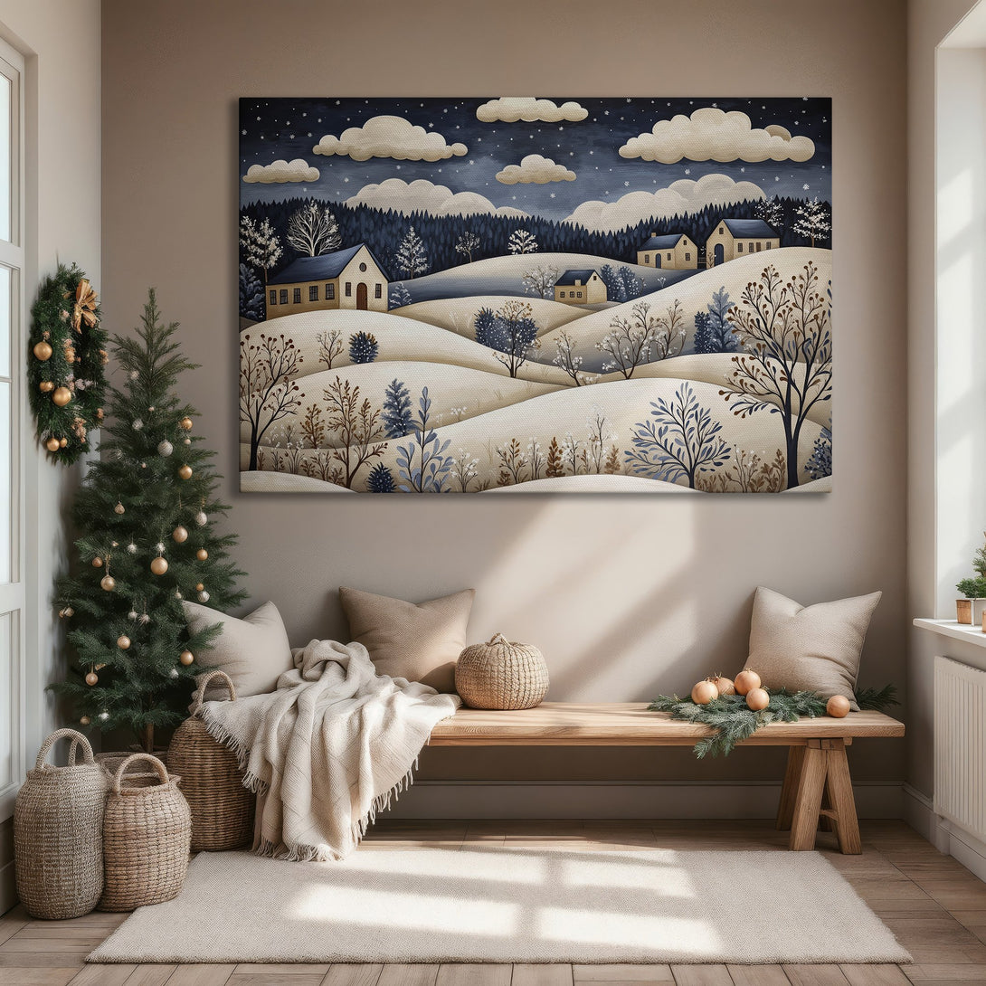 Framed Wall Art: Winter landscape canvas print in soft blues & beige. Cozy art for your home. Shop now!