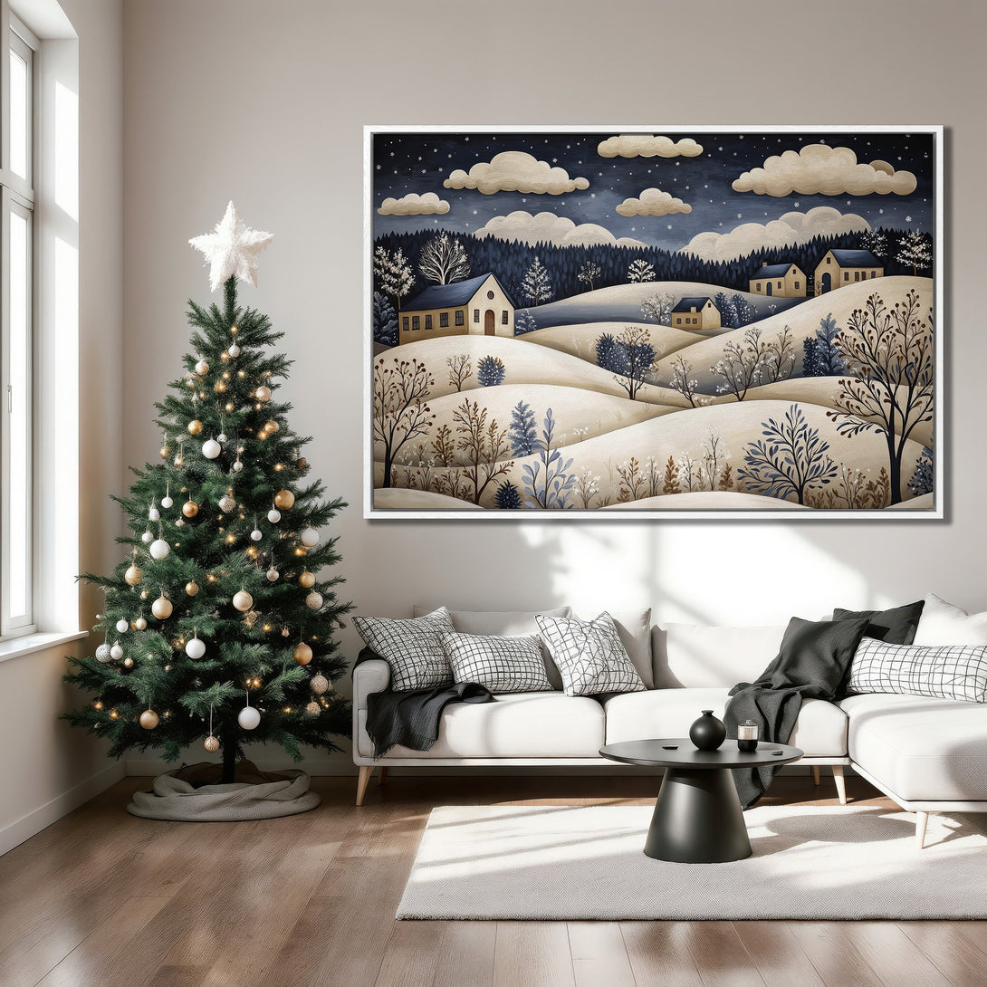 Framed Wall Art: Winter landscape canvas print in a cozy living room. Features a serene scene with a blue, beige, and brown color palette, perfect for holiday decor.