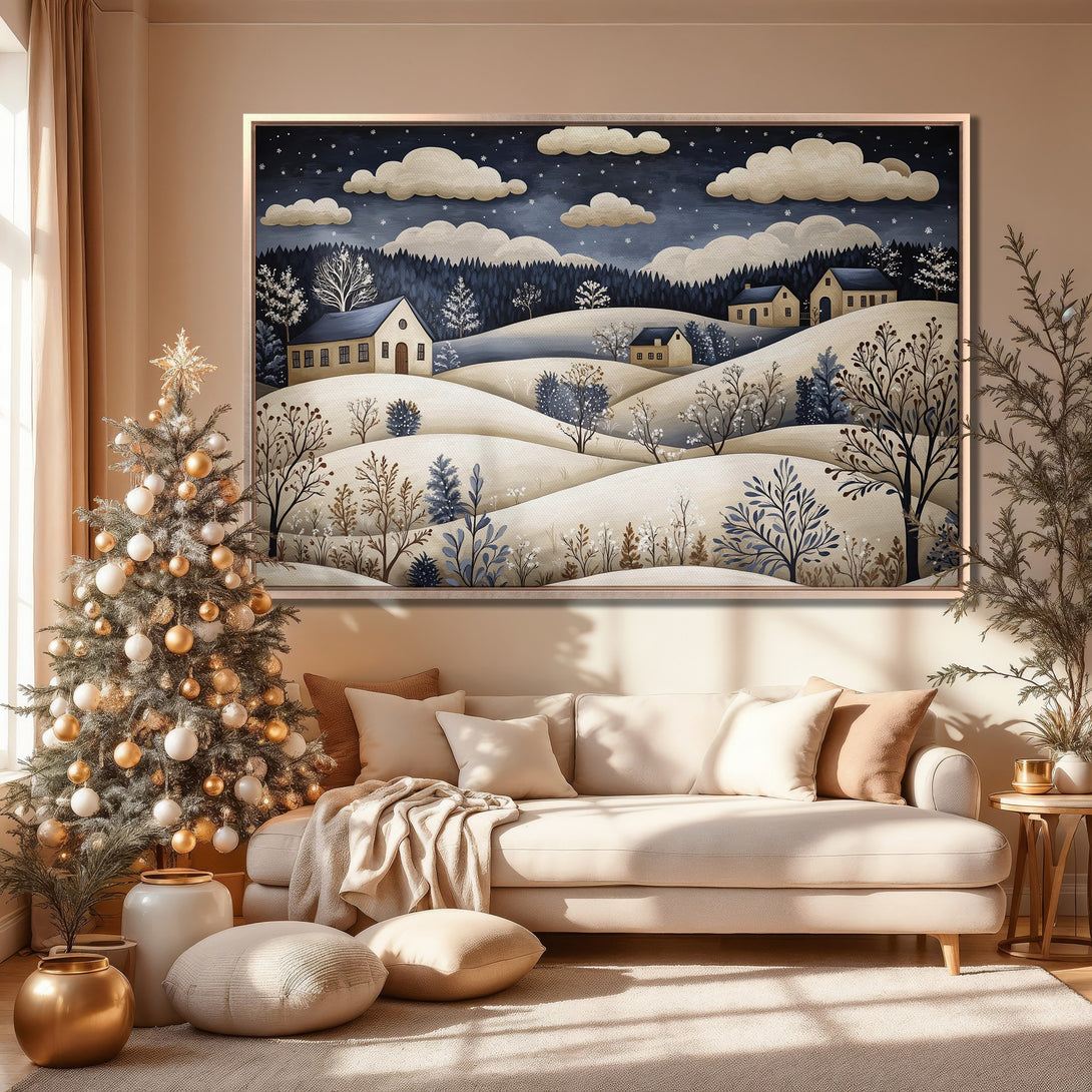Framed Wall Art: Winter landscape Canvas Print in neutral tones. Features whimsical illustration of snowy hills, houses, and trees. Perfect for cozy interiors.