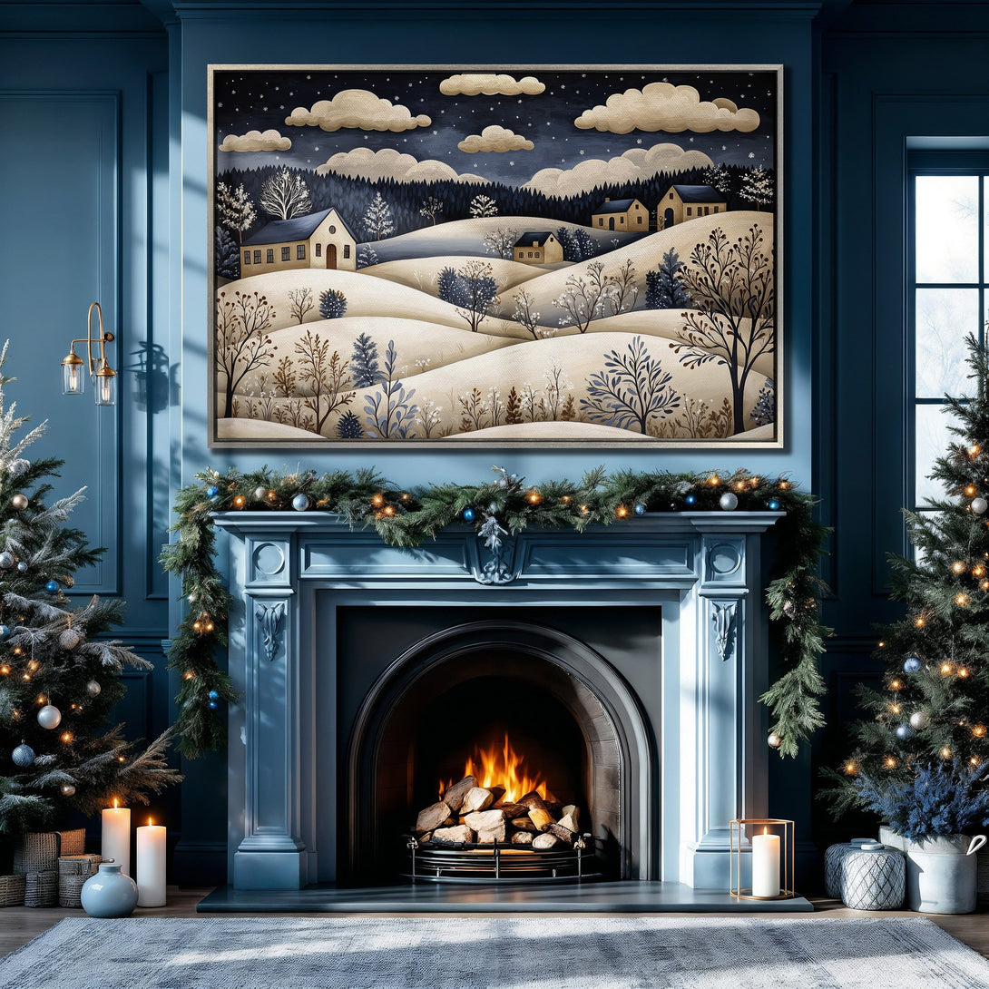 Framed Wall Art: Winter landscape canvas print in a cozy interior. Features a neutral color palette with blue accents, perfect for holiday decor.