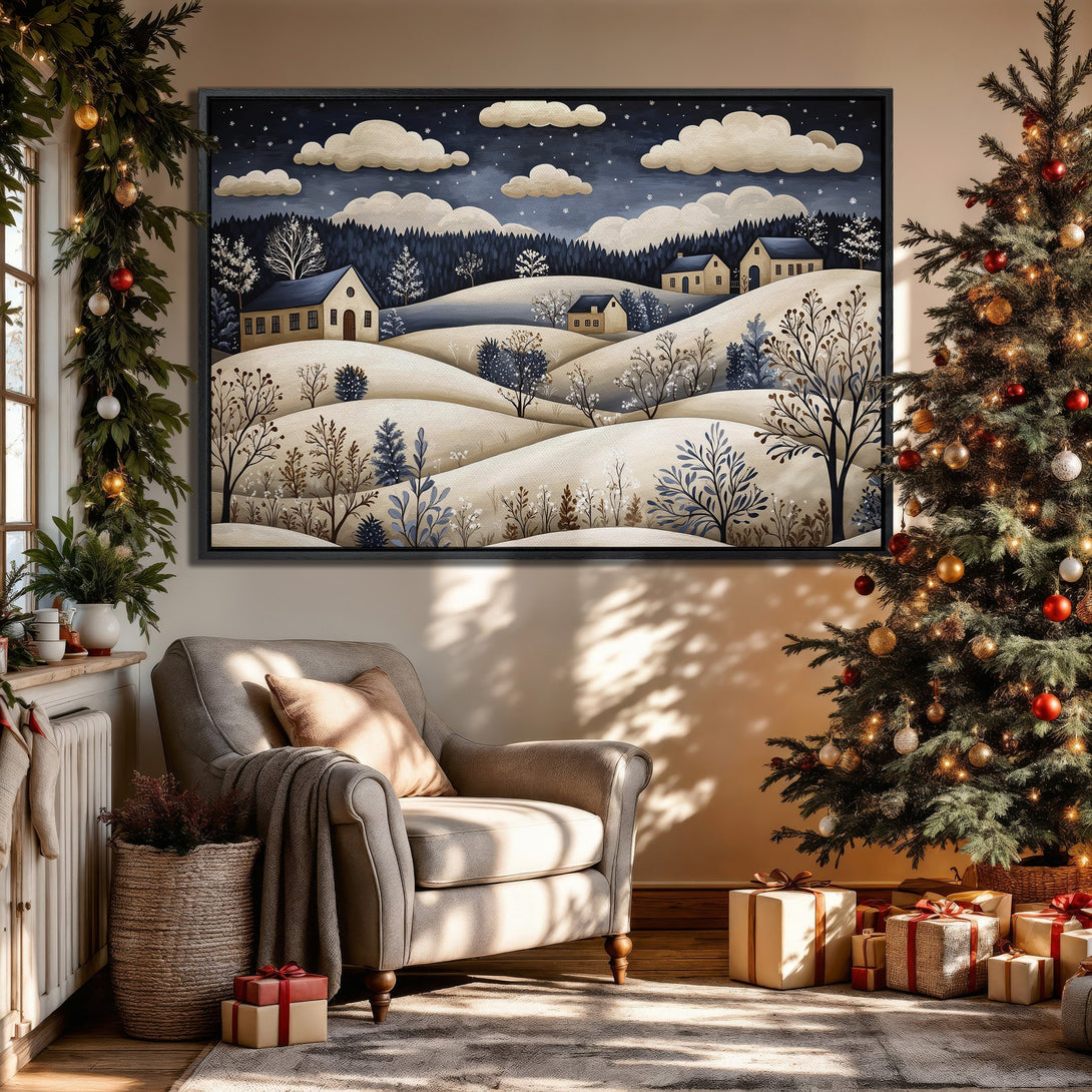 Framed Wall Art: Winter landscape canvas print with a cozy, neutral color palette, perfect for adding a touch of warmth and style to your home decor.