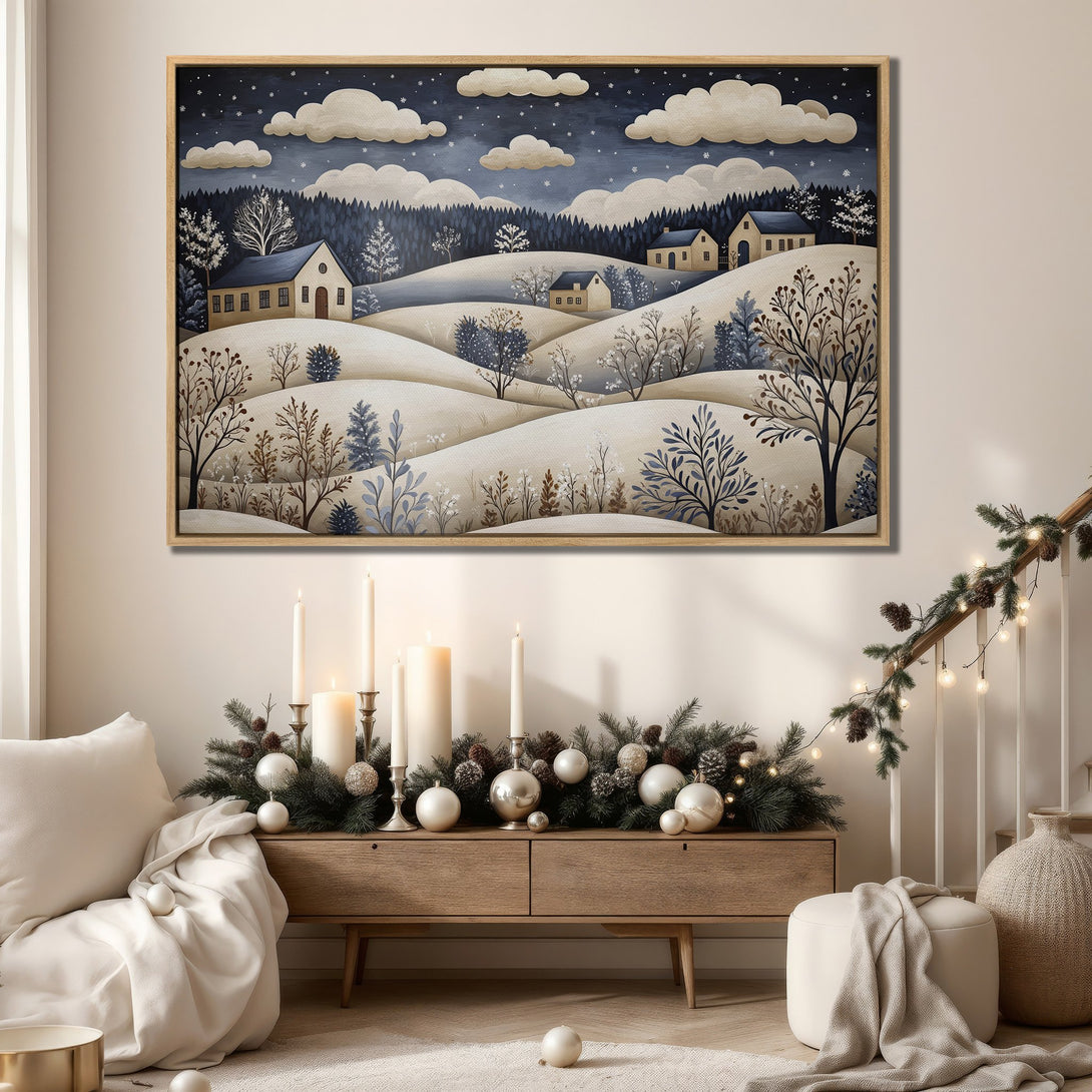 Framed Wall Art: Winter landscape Canvas Print in a cozy interior. Featuring a serene, illustrative style with a soft blue and neutral color palette. Perfect home decor.