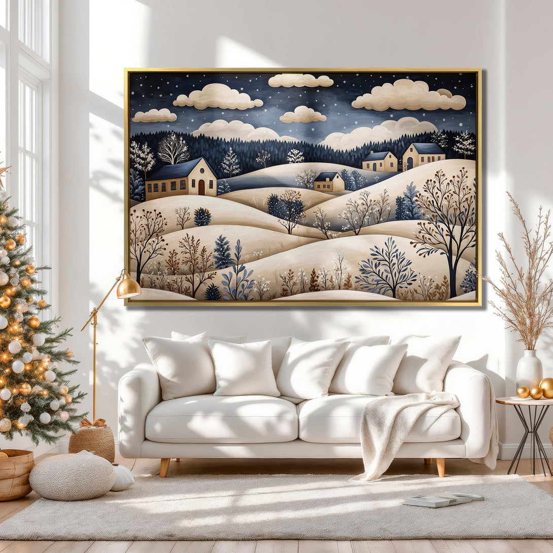 Canvas Print of a winter landscape in a cozy interior. Features a serene, stylized scene in a blue and neutral color palette. Perfect wall art!