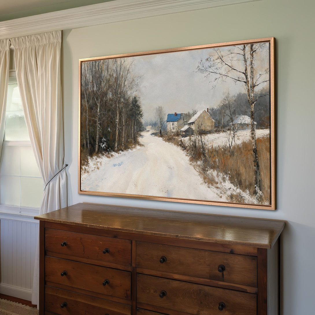 Framed Wall Art: Winter landscape Canvas Print with a snowy road and muted color palette, perfect for adding a touch of rustic charm to your home.
