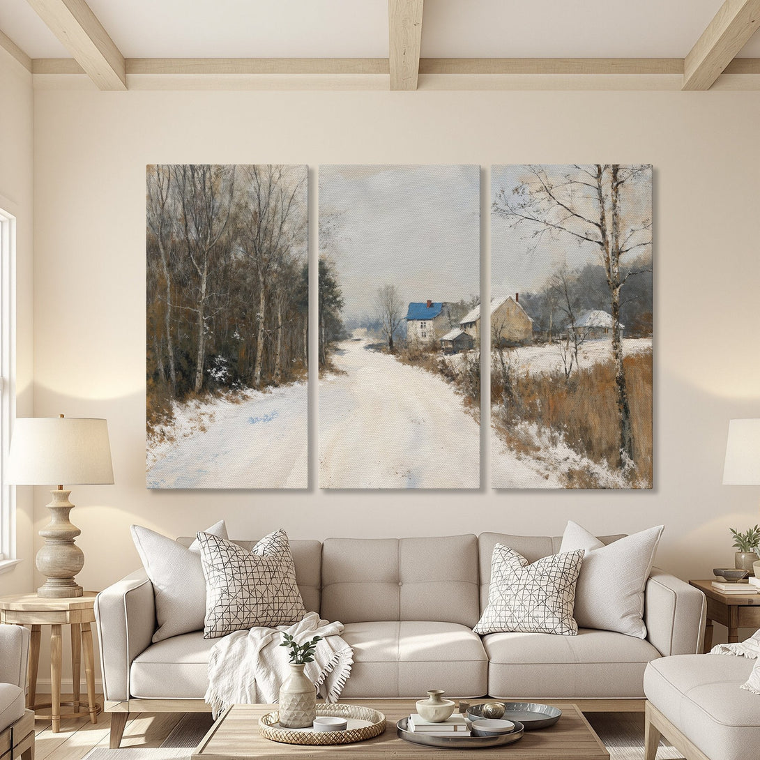 Canvas Print triptych of a snowy winter landscape in neutral tones, perfect for adding a touch of rustic charm to your home decor.